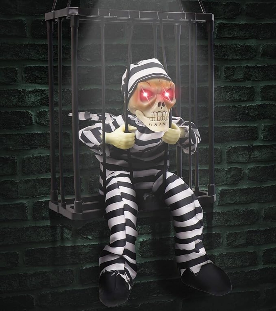 Halloween Decor Prop with Motion Sensor, Scary Skull Cage Prisoner Haunted House Decor, Spooky Hanging Ghost Light Up Eyes Decorations